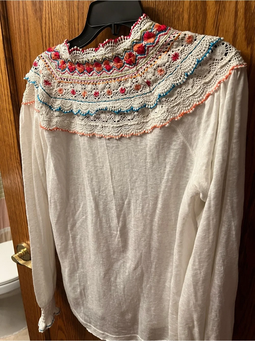 Free People White Long Sleeve Embroidered Crochet Yoke Top